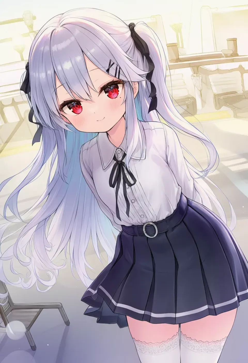 银发双马尾少女教室插画