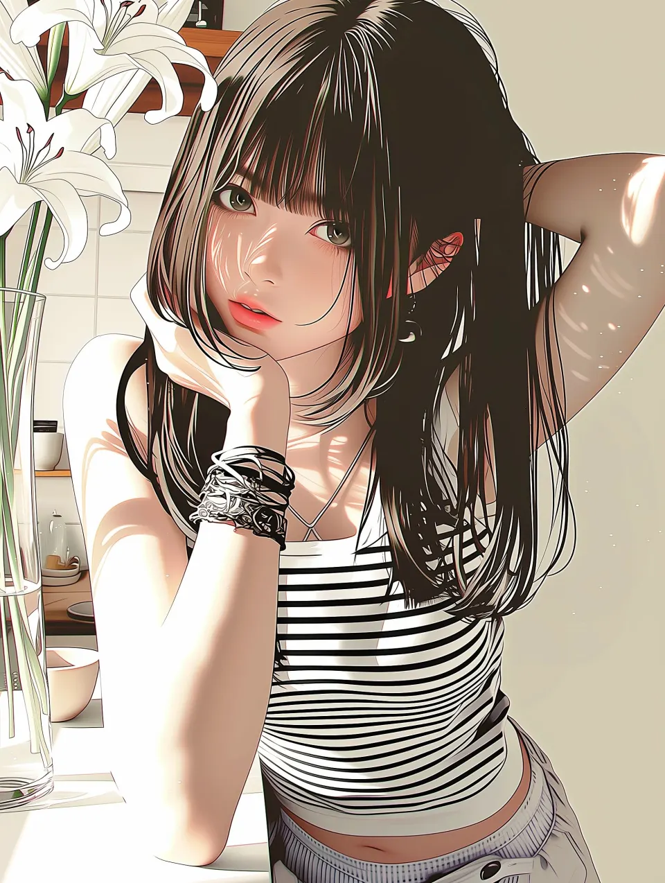 条纹衫少女与百合花