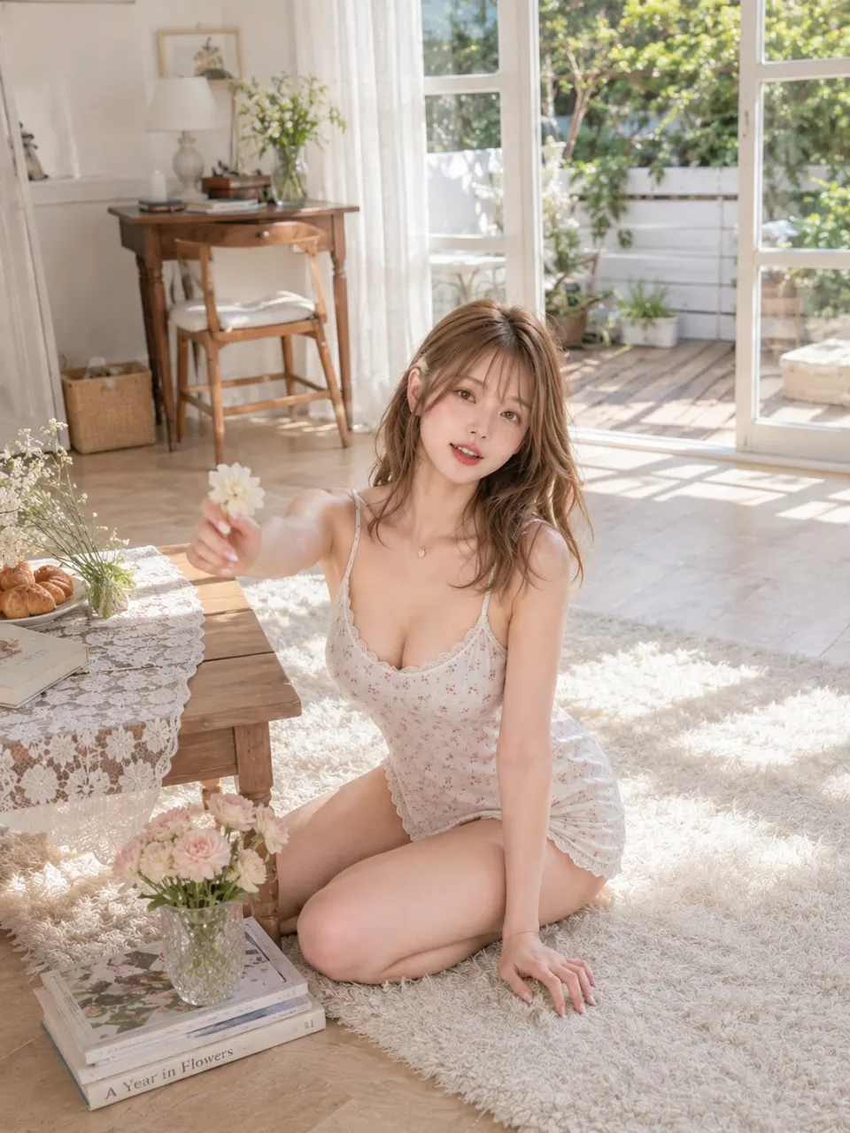阳光房间里的花朵与蕾丝