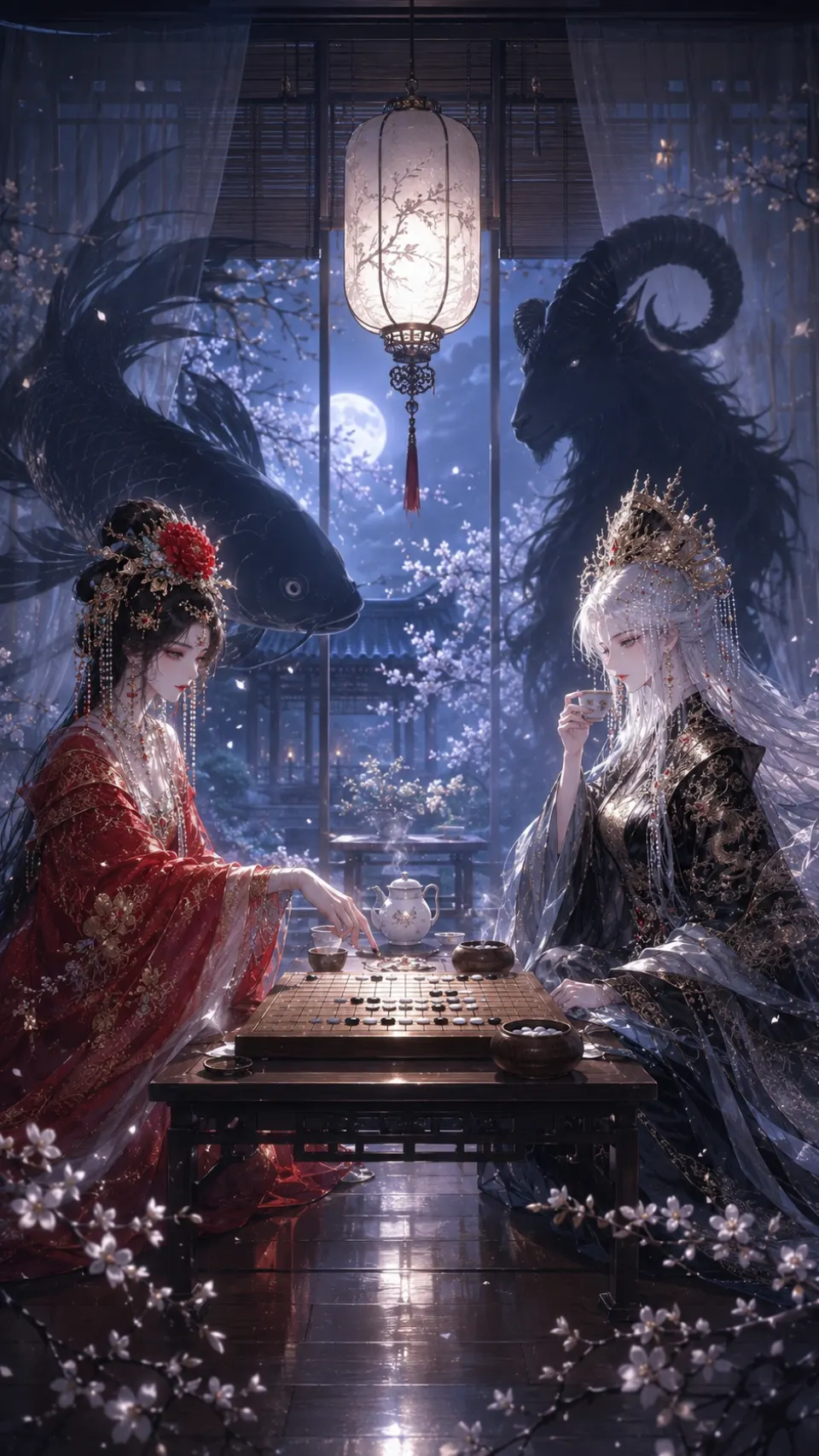 月夜对弈：红黑双姝与灵兽