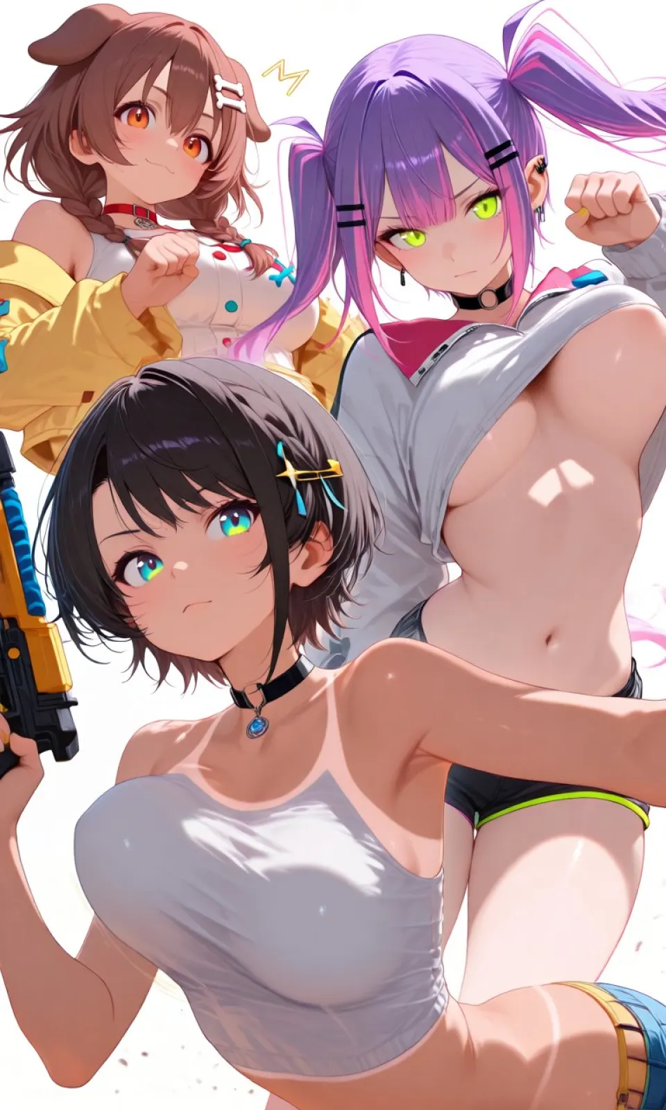 三位动漫少女战斗姿态插画