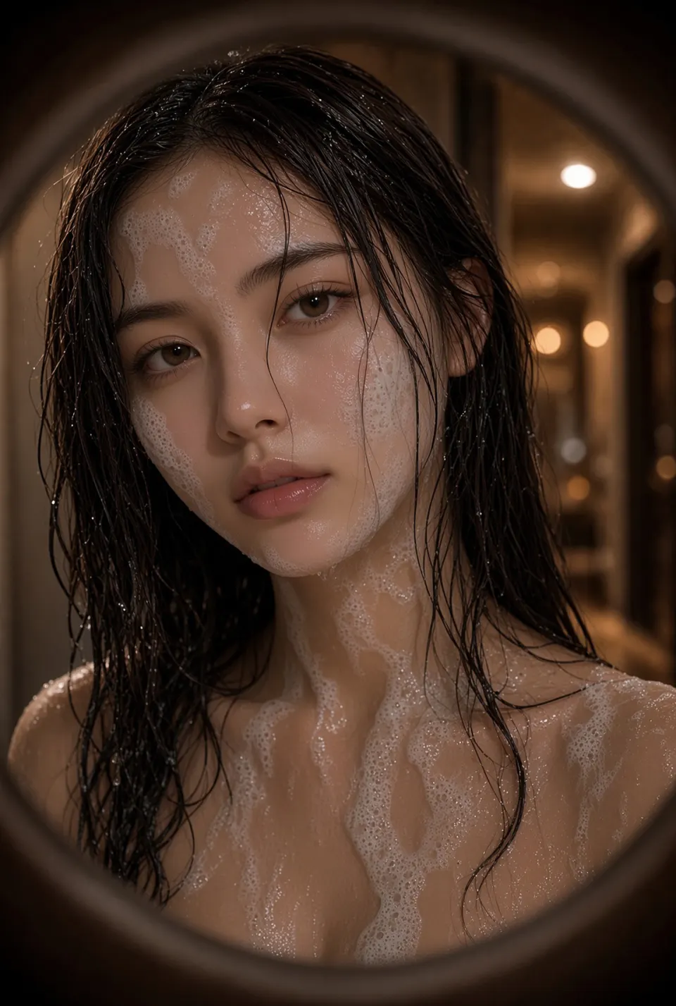 水雾与湿发的暗色面部特写