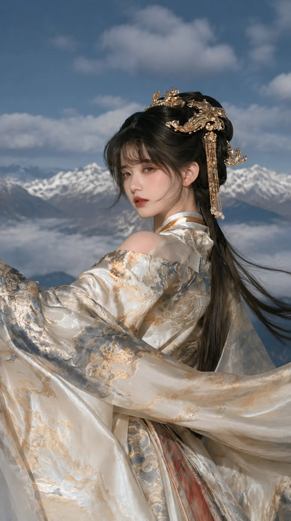 暖光中的花饰古装女子