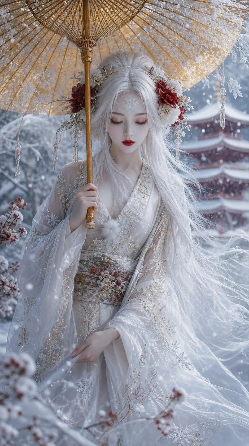 雪中持伞白发古风仕女
