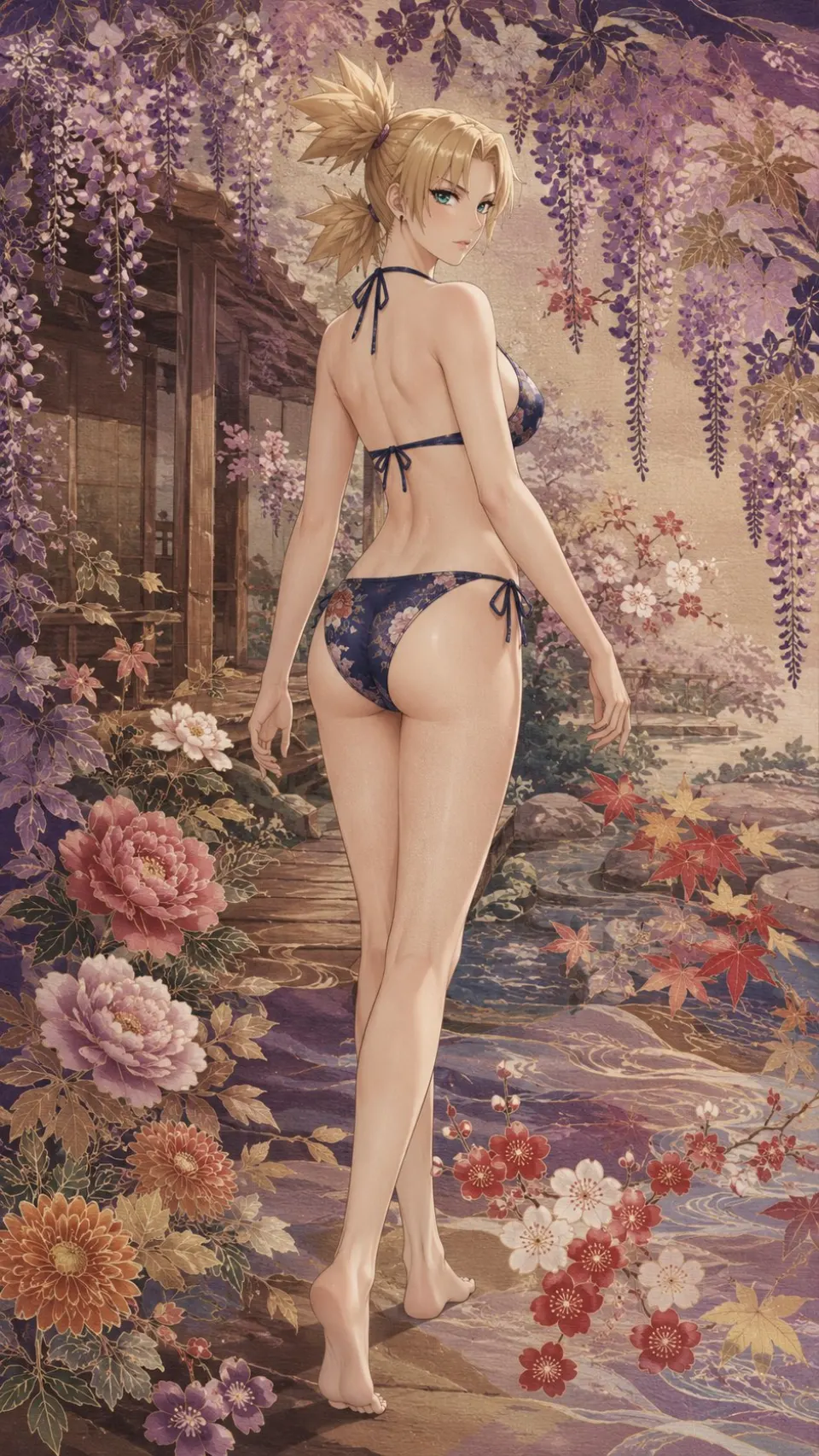 紫藤花下的日式庭院少女