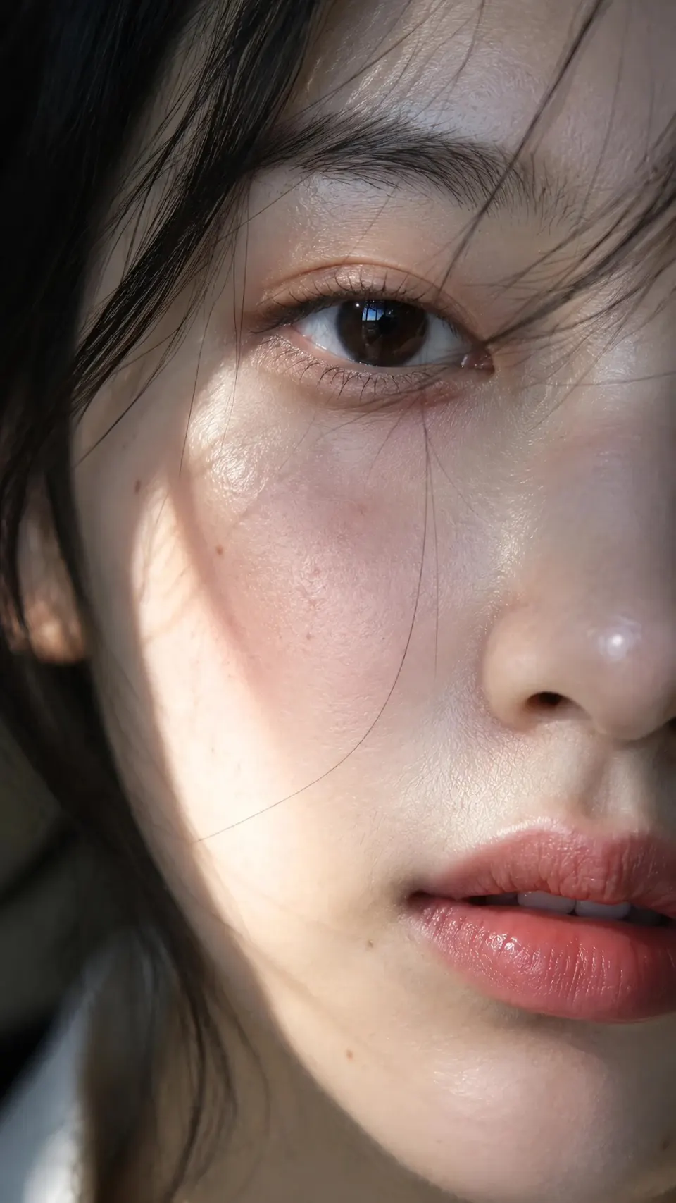 高细节侧光眼唇特写