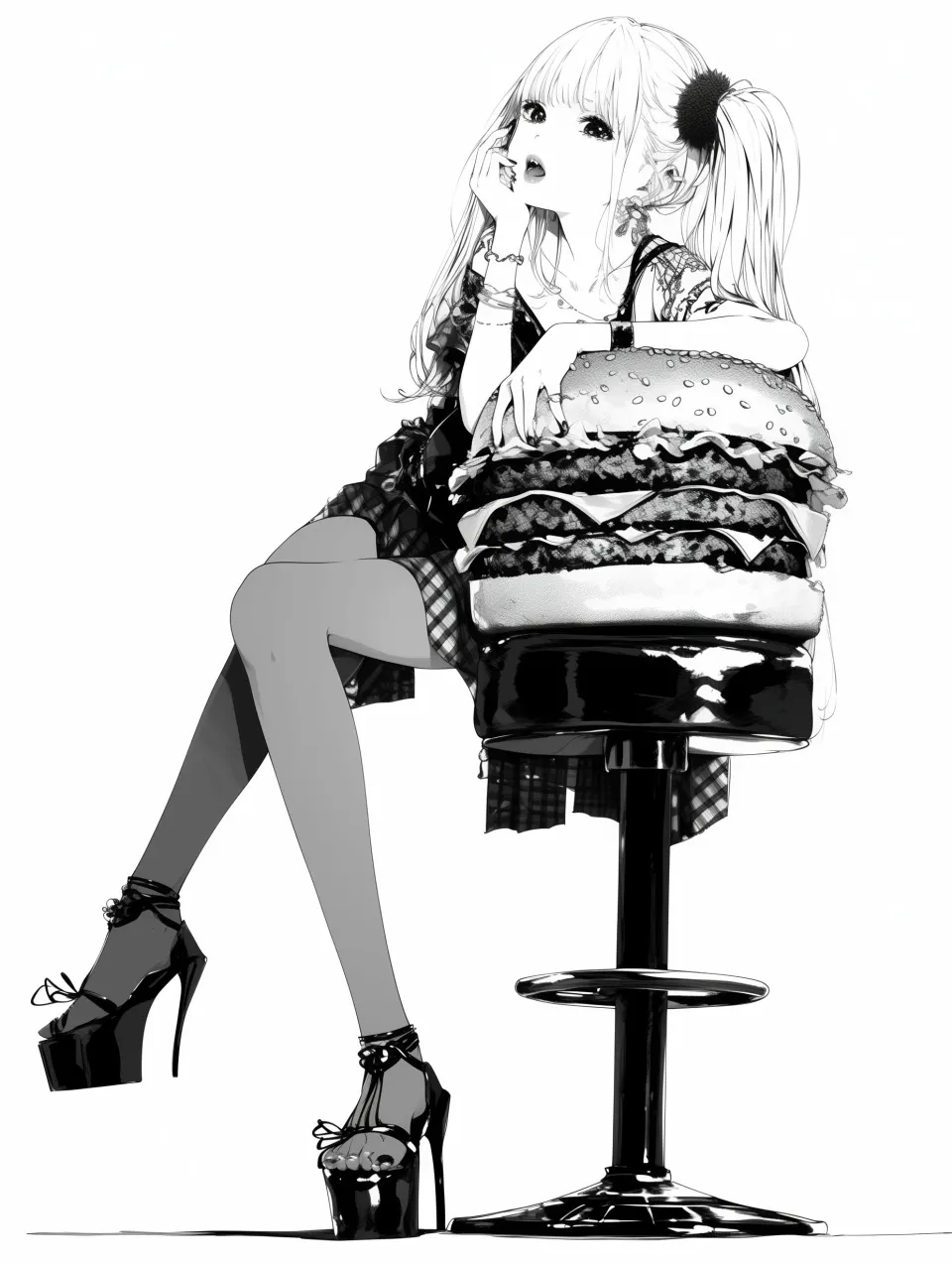 抱汉堡的动漫少女黑白插画