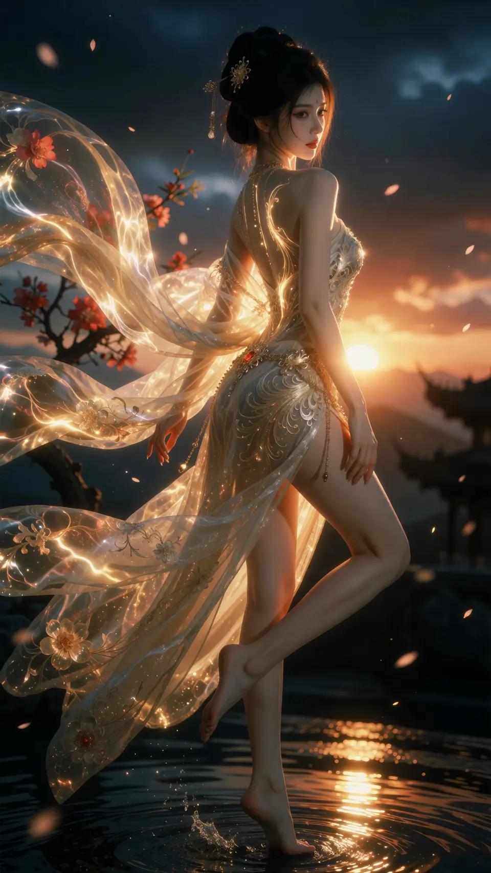 夕照水面上的流光舞女