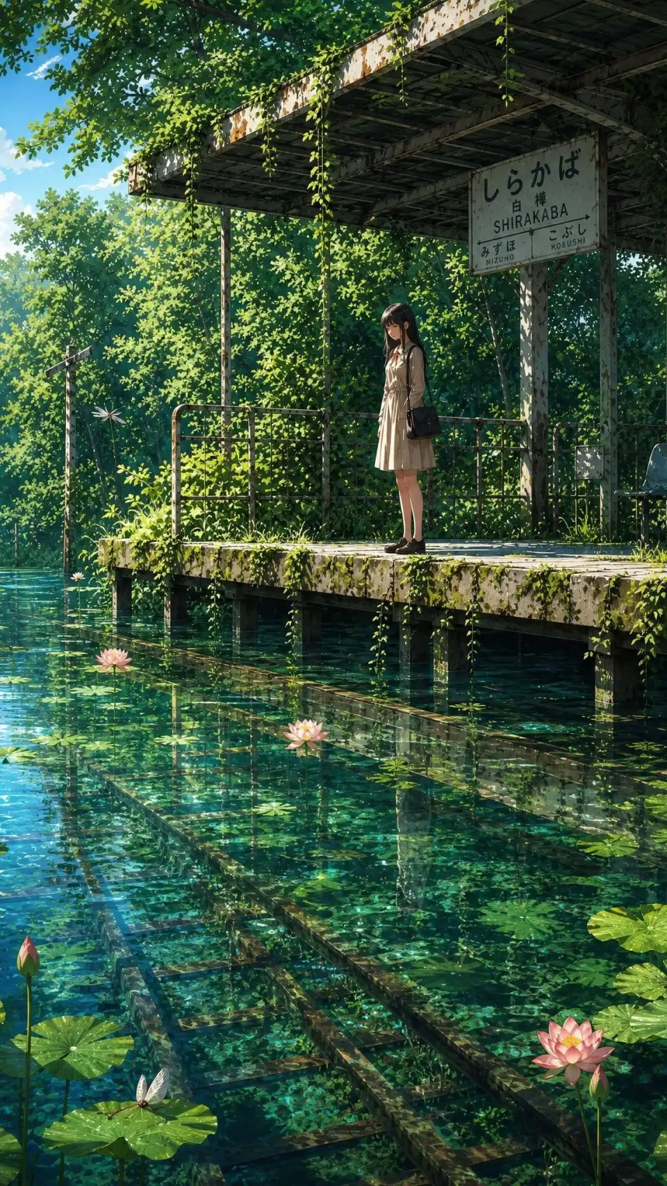 景观与自然幻想：被藤蔓覆盖的废弃站台、站牌、女性和莲池。
