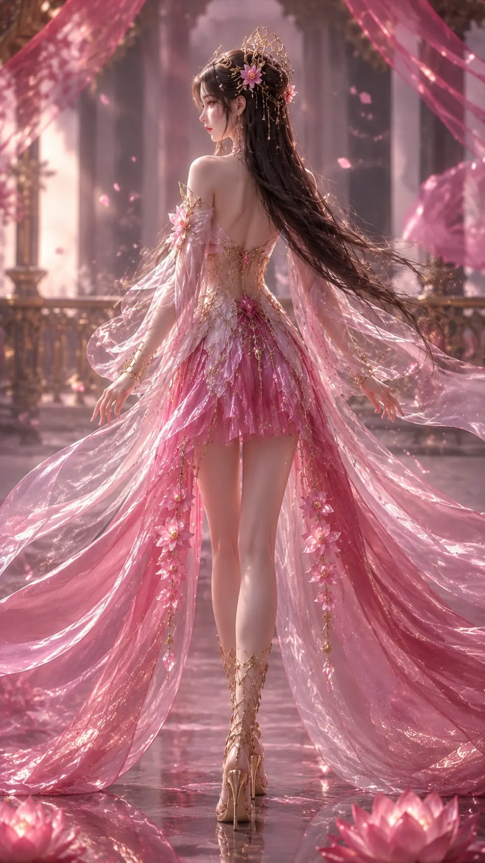 粉色宫殿中的花饰女性