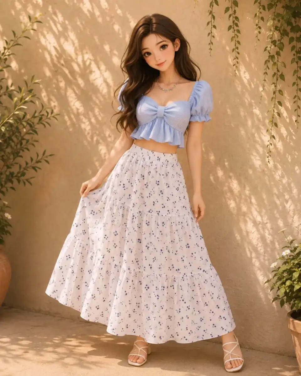 蓝色花裙女性