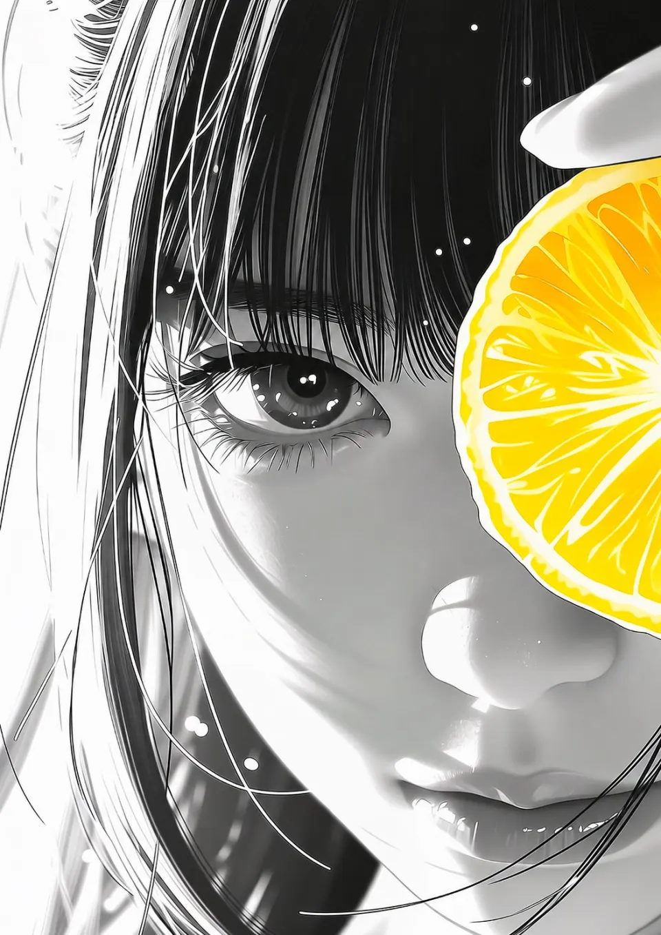 黑白漫画少女与柠檬切片