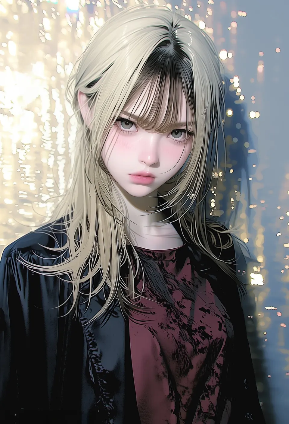 夜色水光下的金发少女