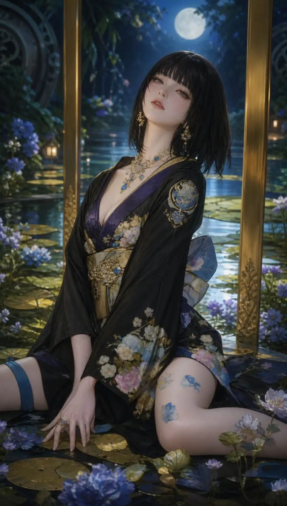 月下荷池中的黑衣和风女性