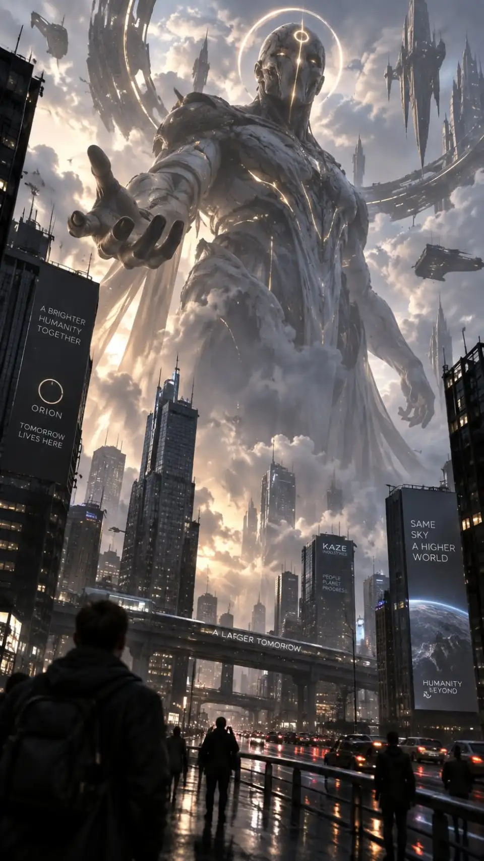 科幻与赛博朋克：巨型石质人形与未来城市。