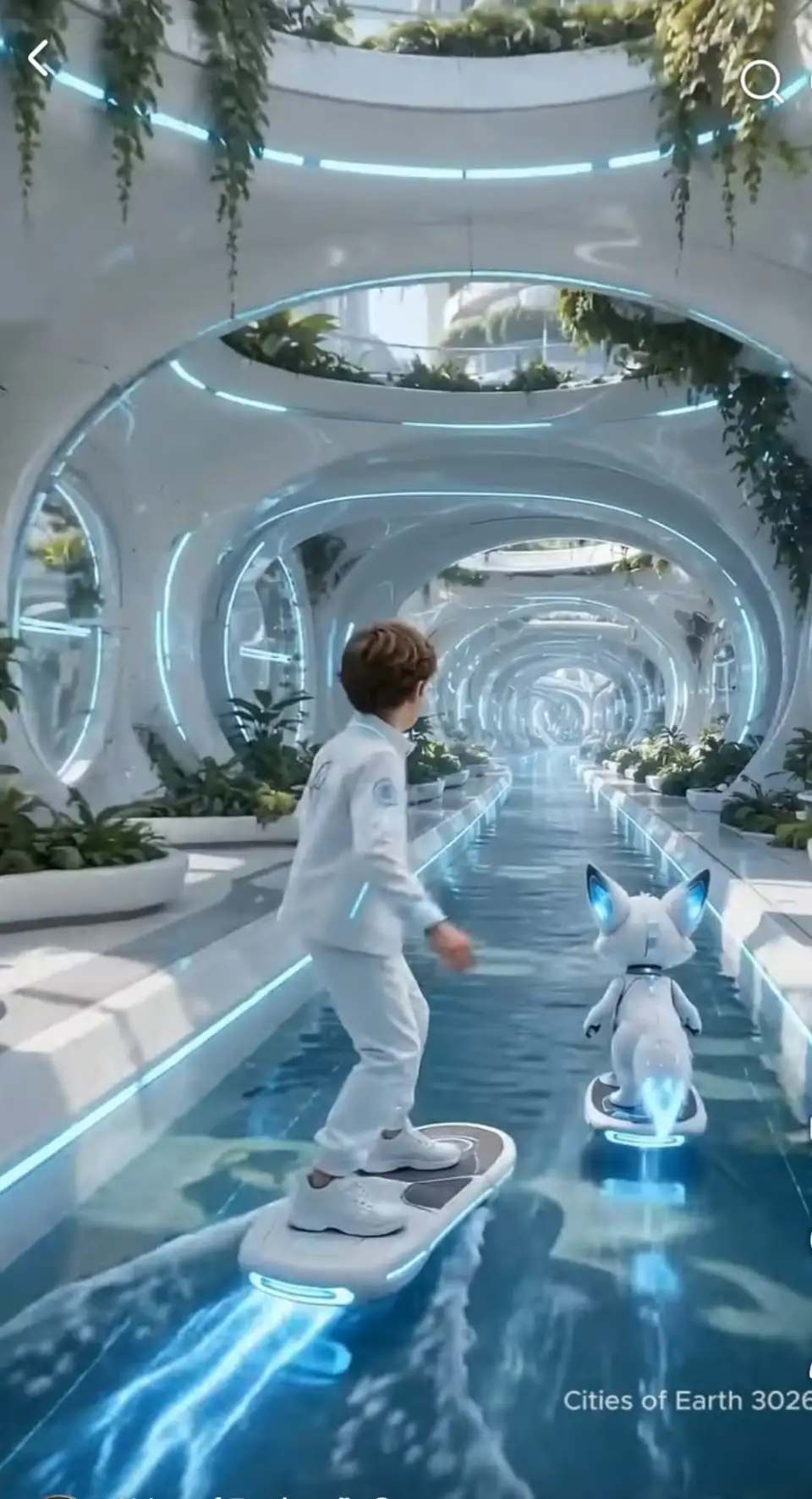 未来水道上的悬浮滑板少年与机器宠物
