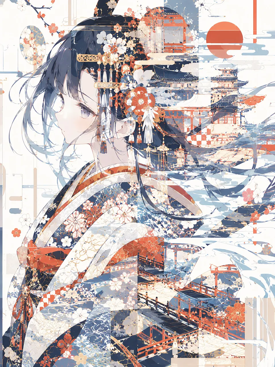 和风少女与浮世绘建筑拼贴