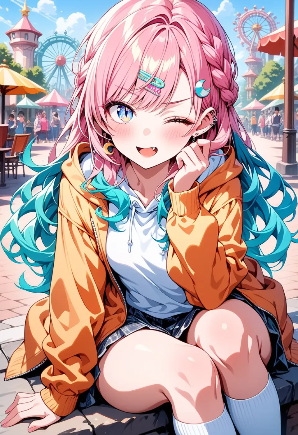 游乐园粉蓝发少女