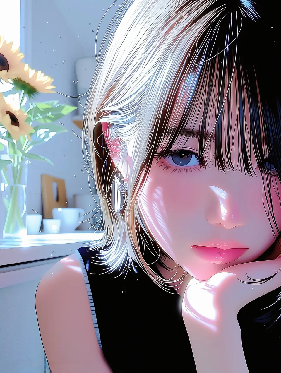 窗边光影少女插画