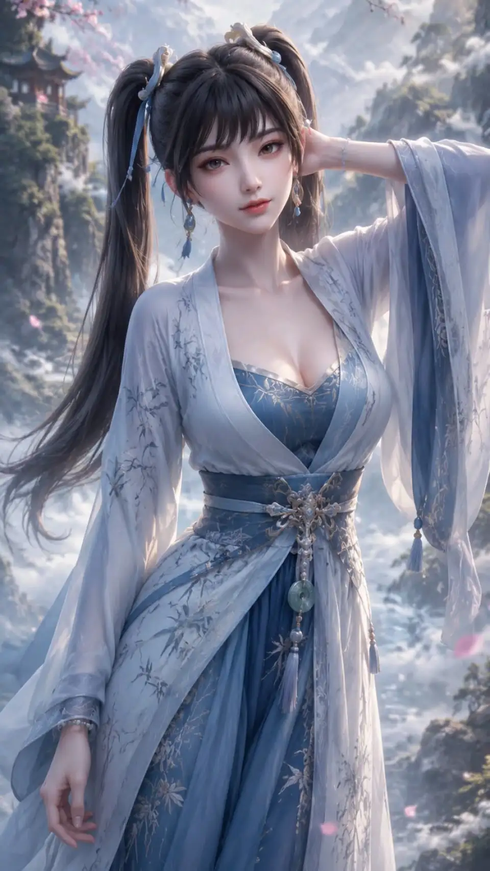 云雾山水间的蓝衣古风少女