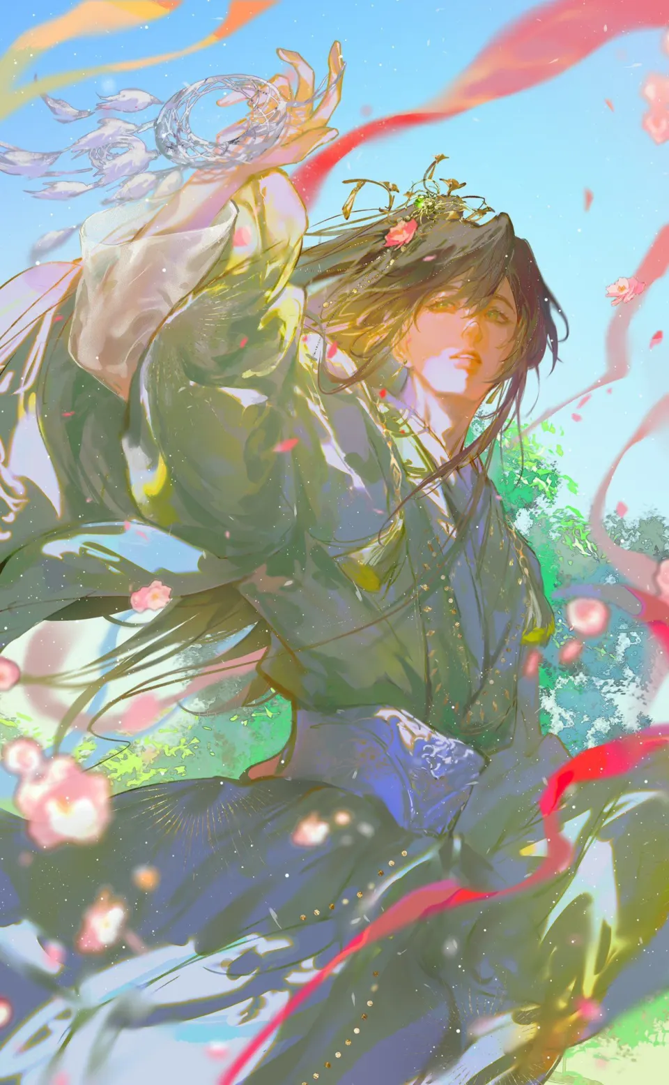 花鸟流云中的彩衣少女