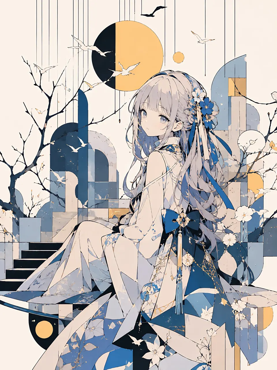 蓝白几何和风少女