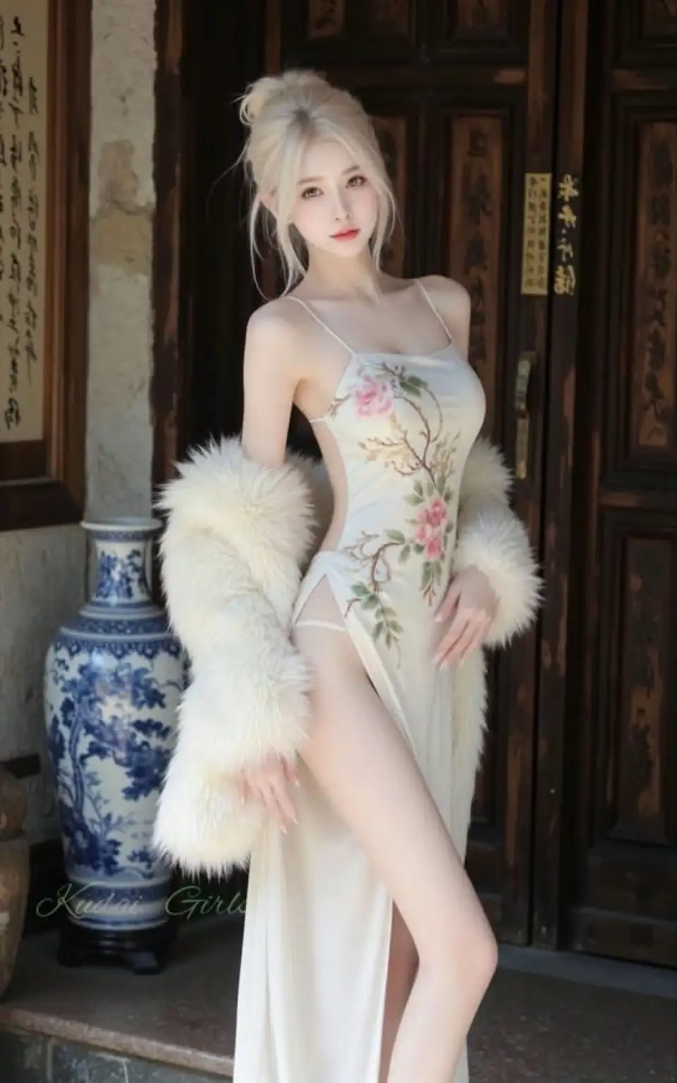 中式庭院白裙皮草写真