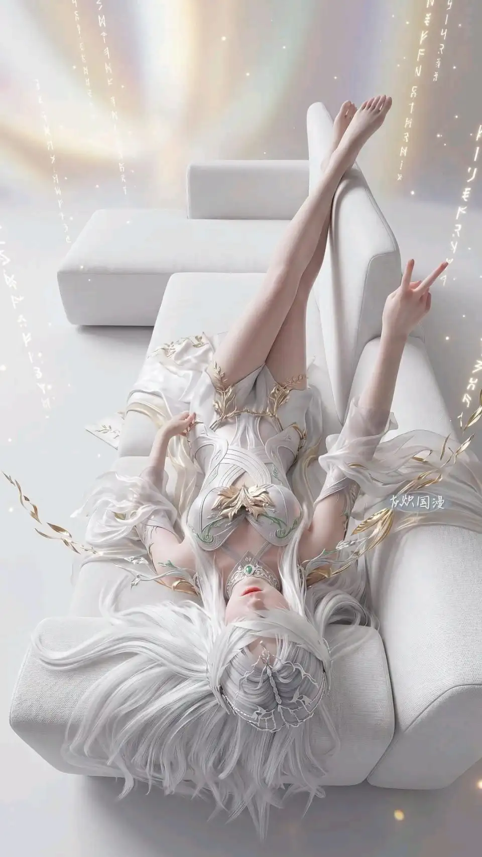 白沙发上的银发精灵少女