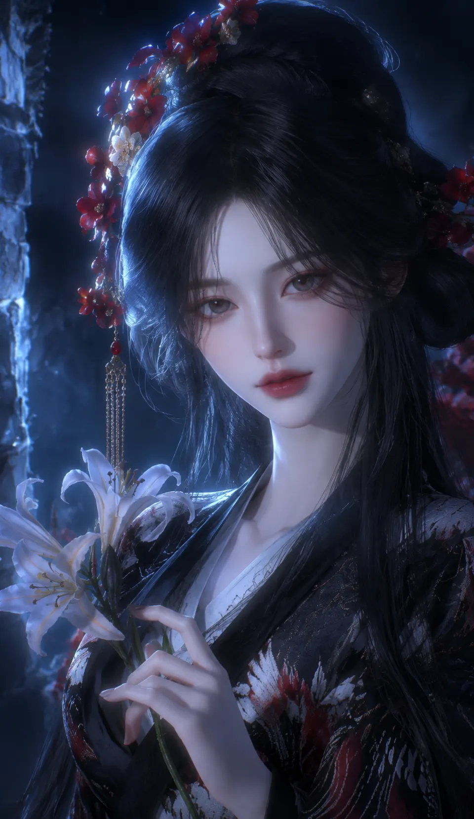月夜持花的黑发女子