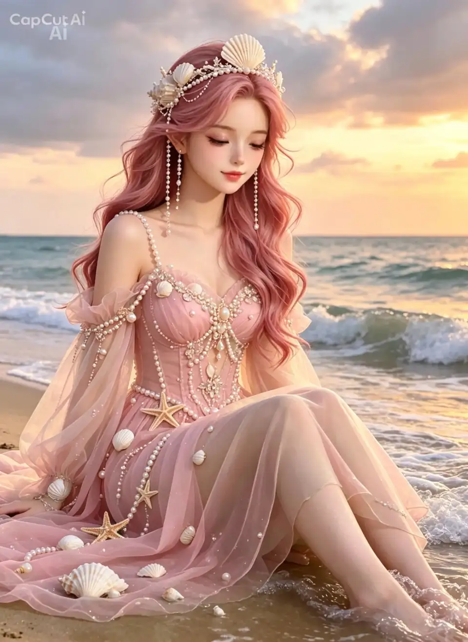 粉发珍珠贝壳礼服少女