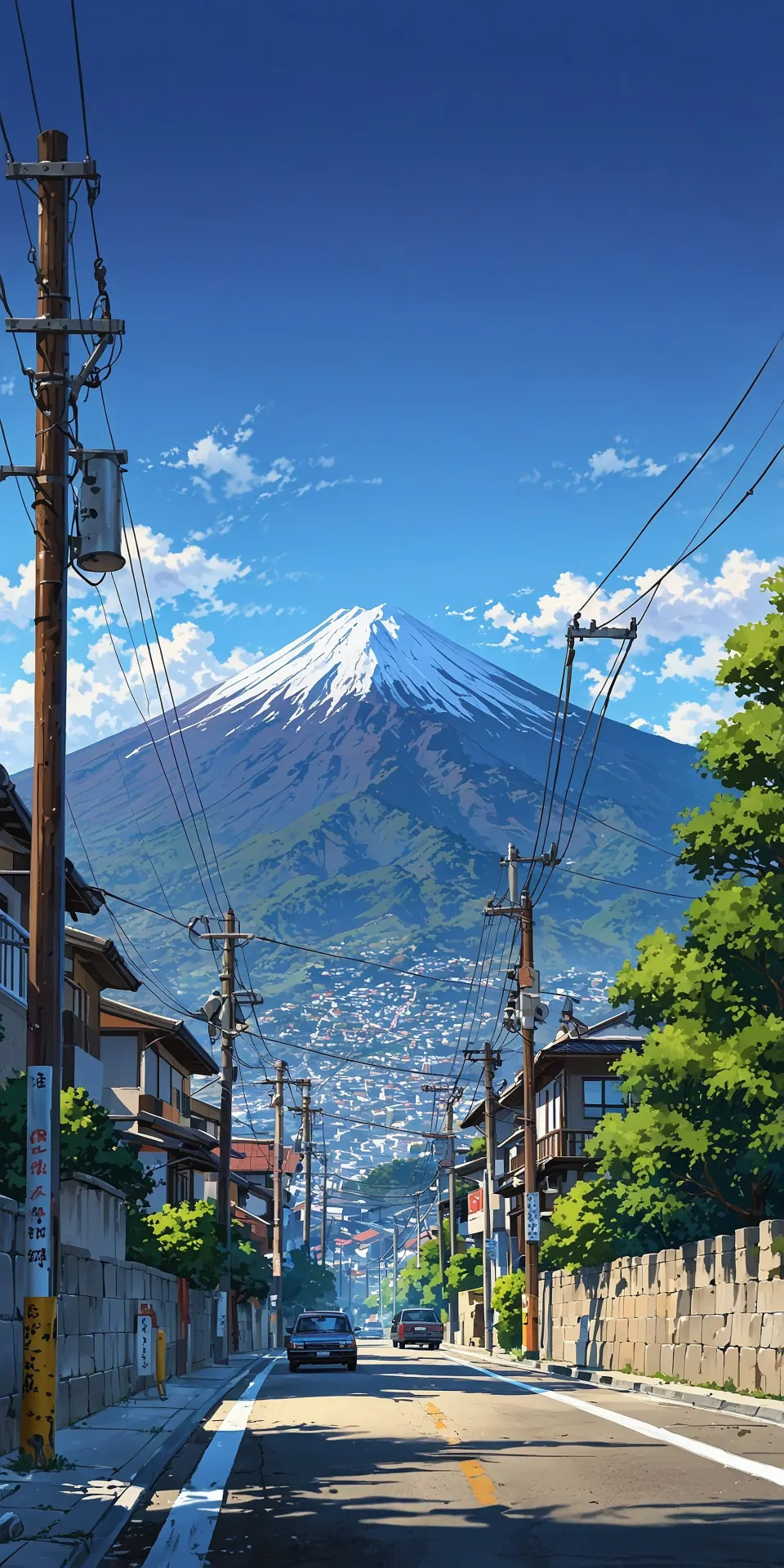 电线之间的雪山街道