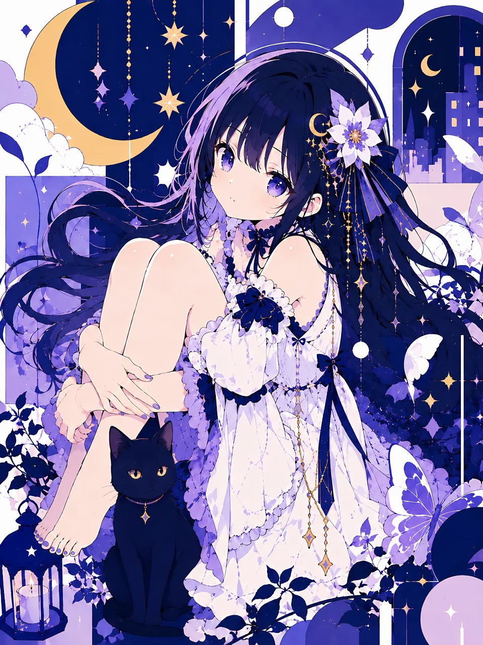 星夜紫梦少女与黑猫