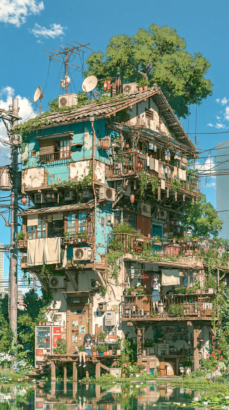 水边绿植环绕的复古多层民居