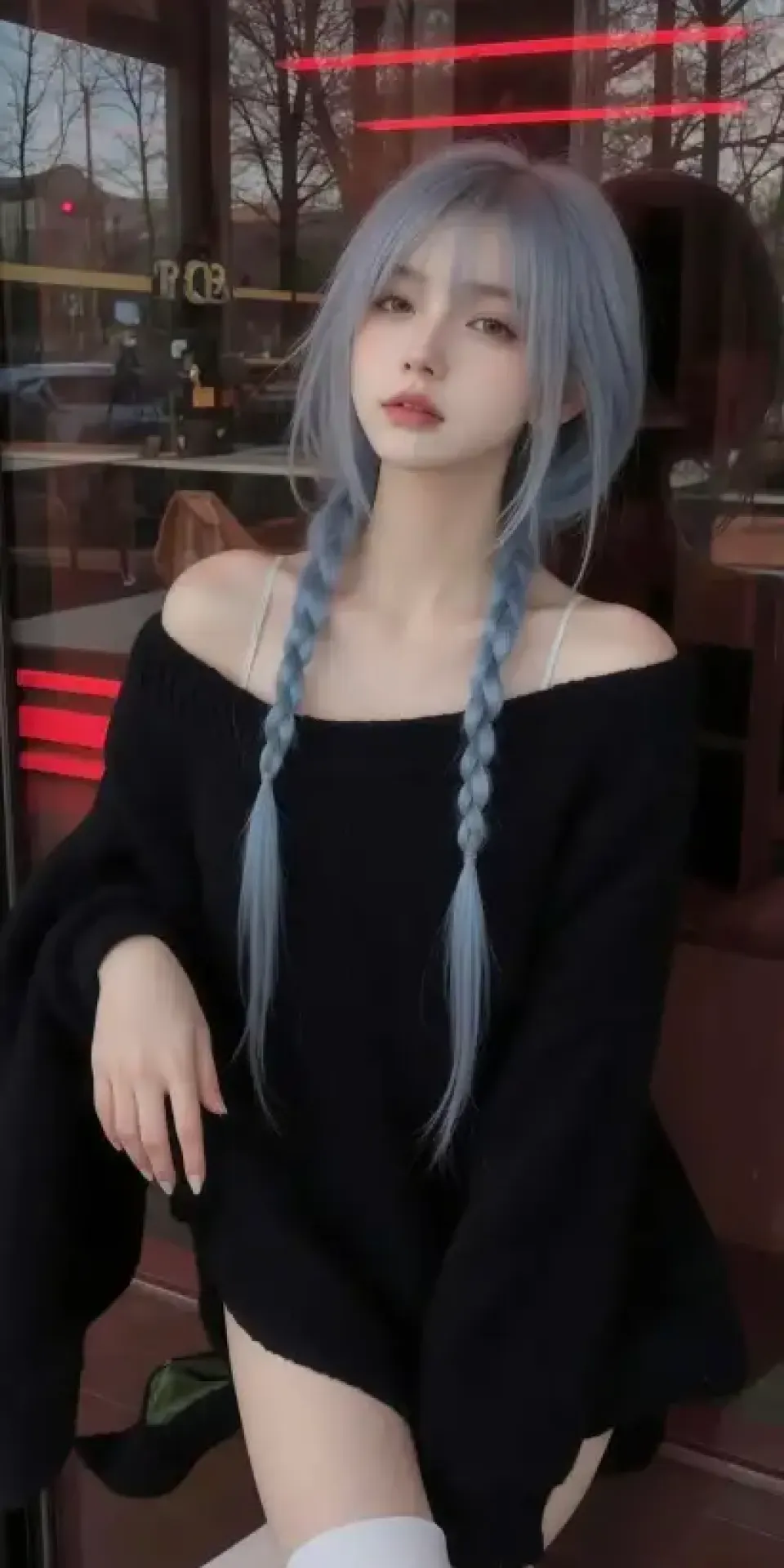 蓝发双辫黑衣少女窗边人像