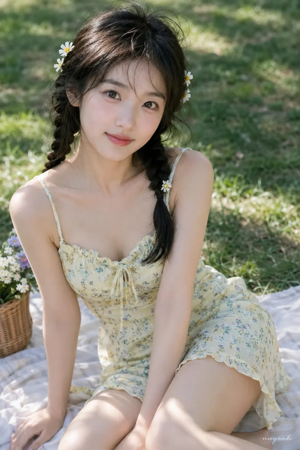 草地上的雏菊少女