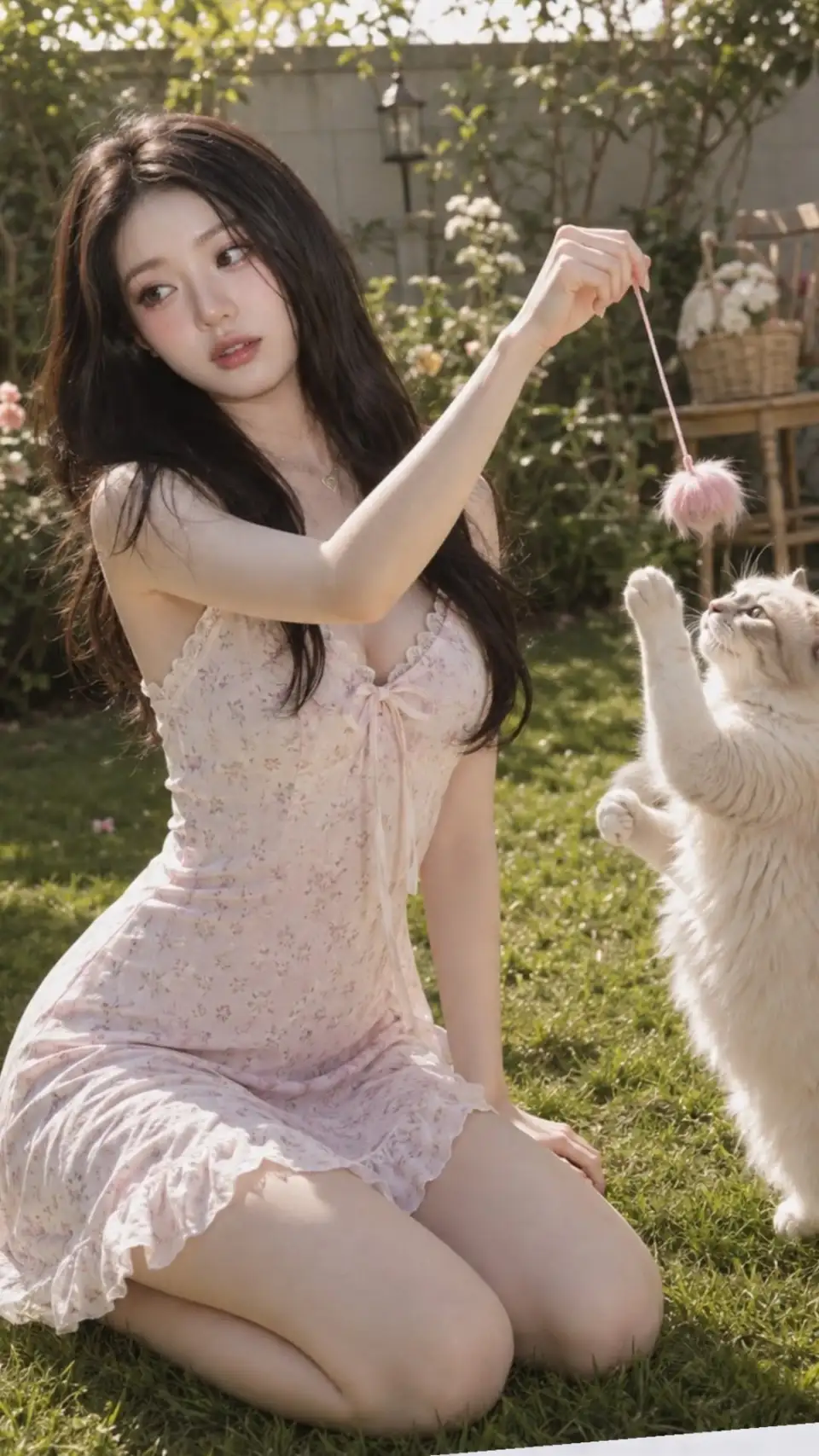 花园里的少女与白猫