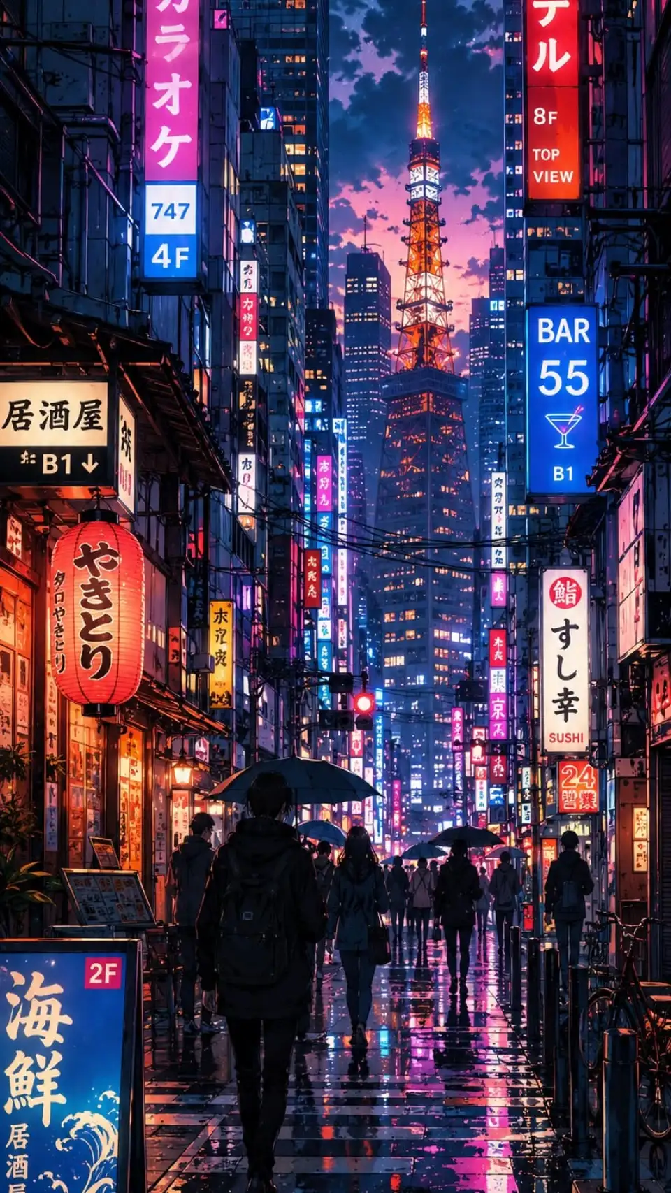 东京塔雨巷夜景