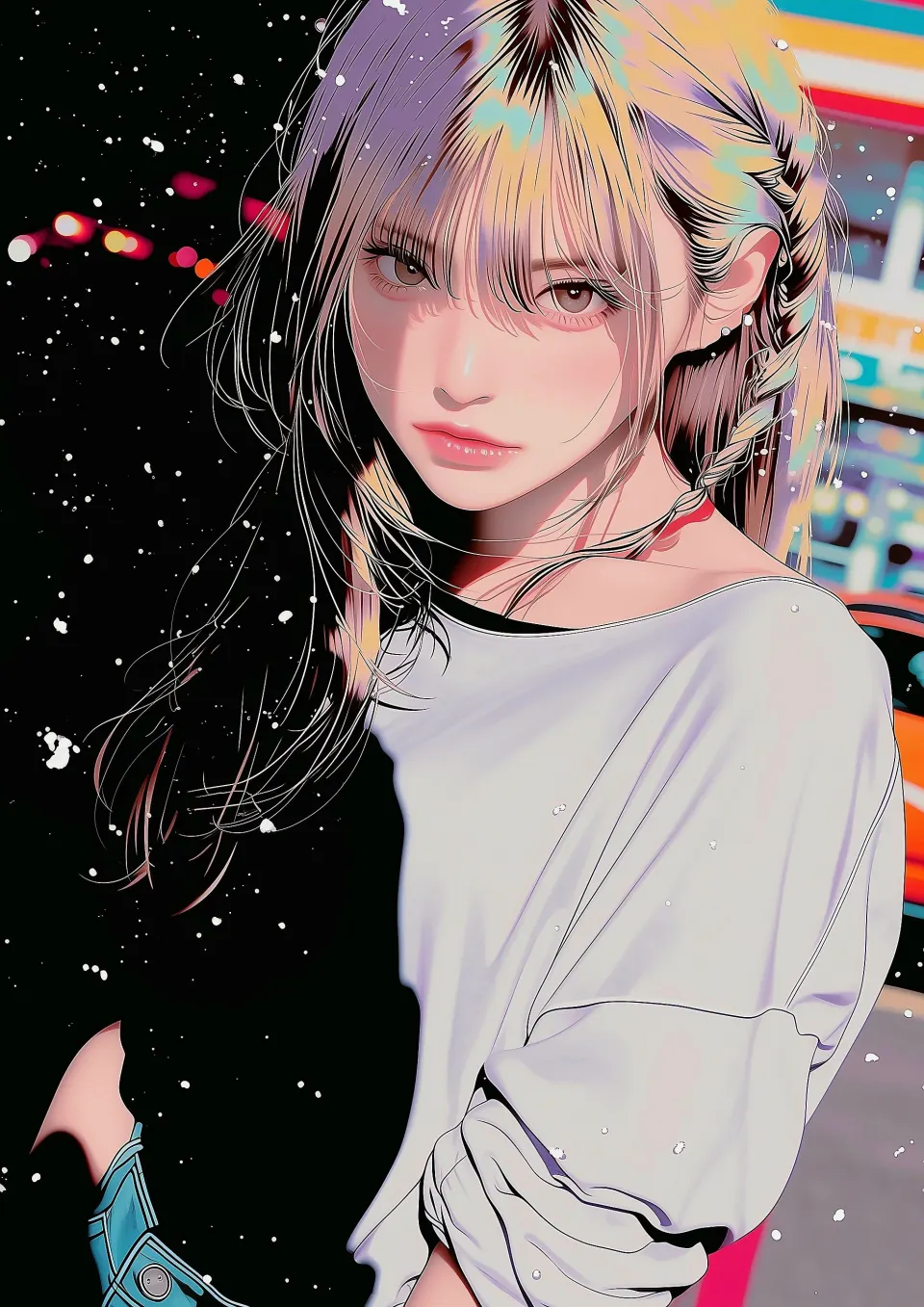 雪夜霓虹下的少女