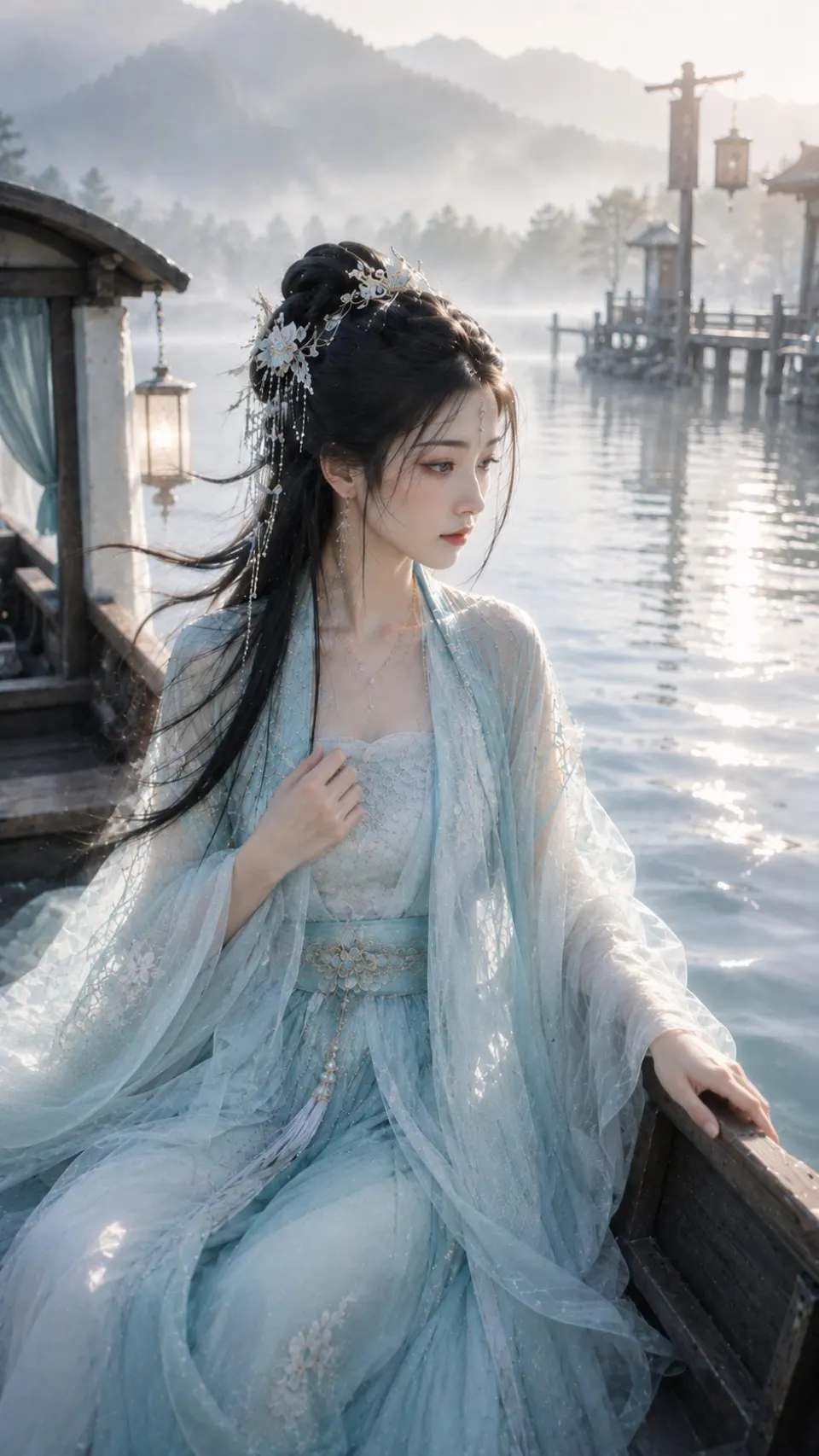 湖光晨雾中的汉服少女