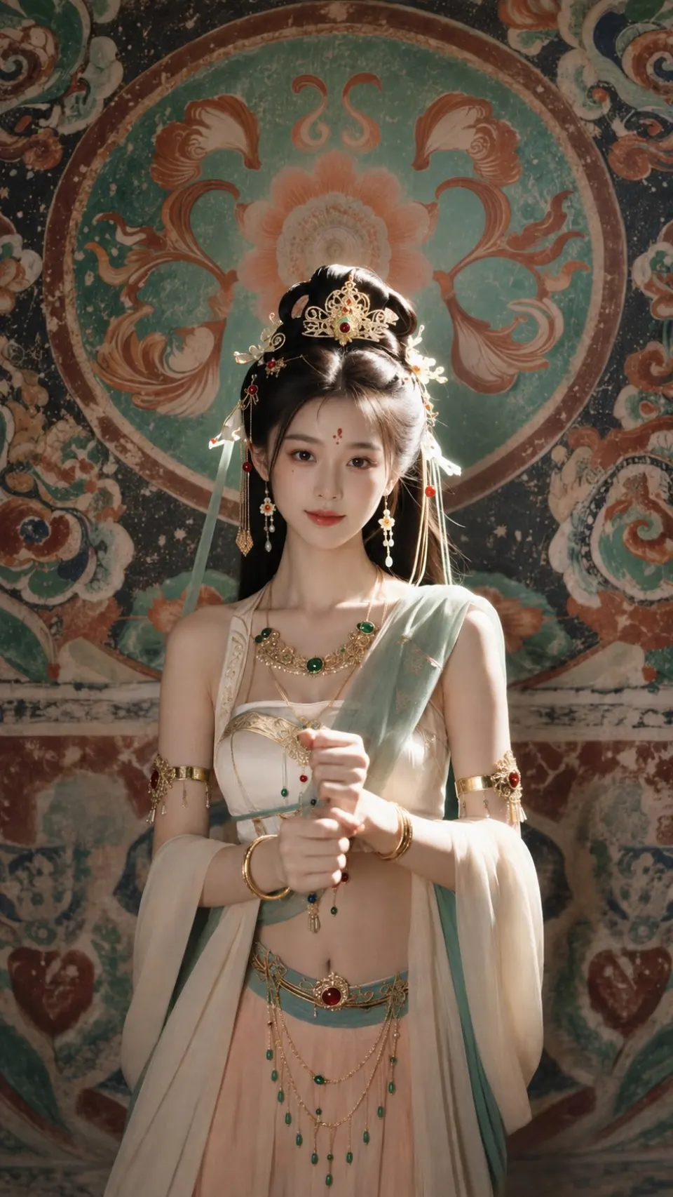 敦煌壁画前的飞天仕女