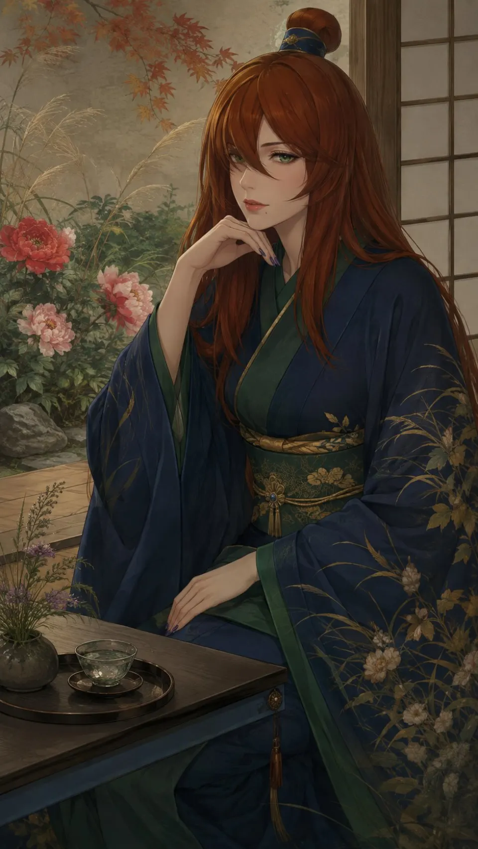 深蓝和服红发女子庭院茶歇