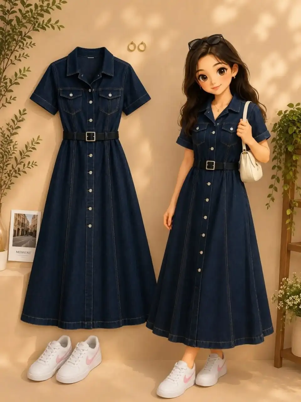 动漫少女深蓝色牛仔衬衫裙穿搭展示
