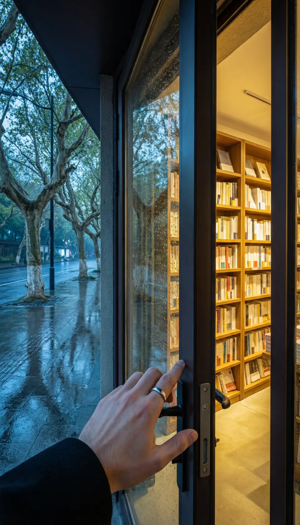 雨夜书店推门瞬间