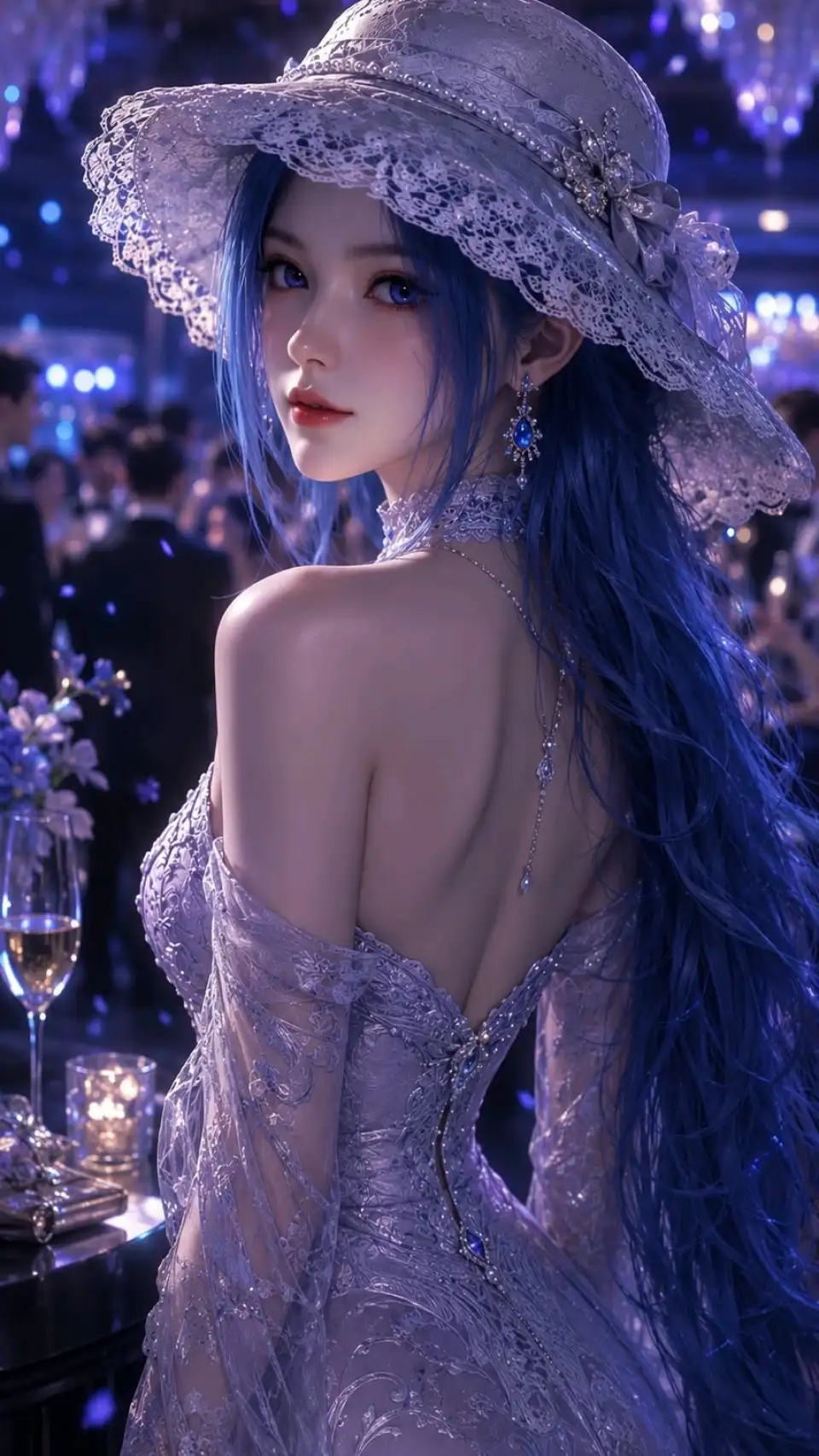 蓝夜宴会中的蕾丝礼帽女性