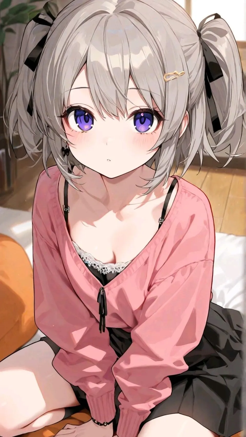 银发双马尾少女卧室插画