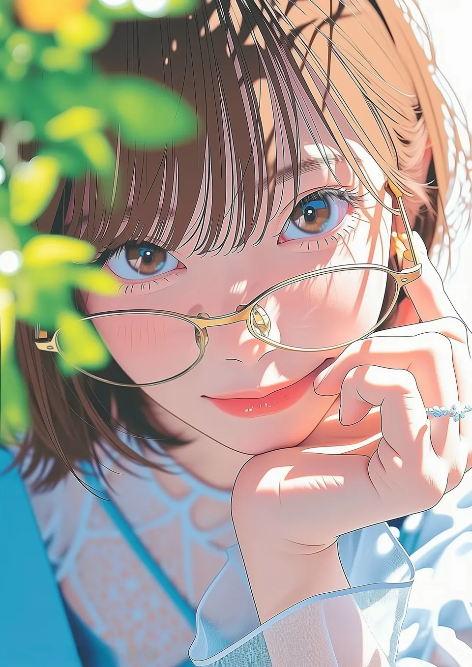 绿叶光影下的眼镜少女