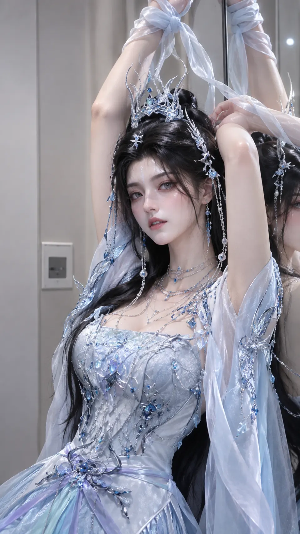 镜面幻境中的蓝白礼服少女