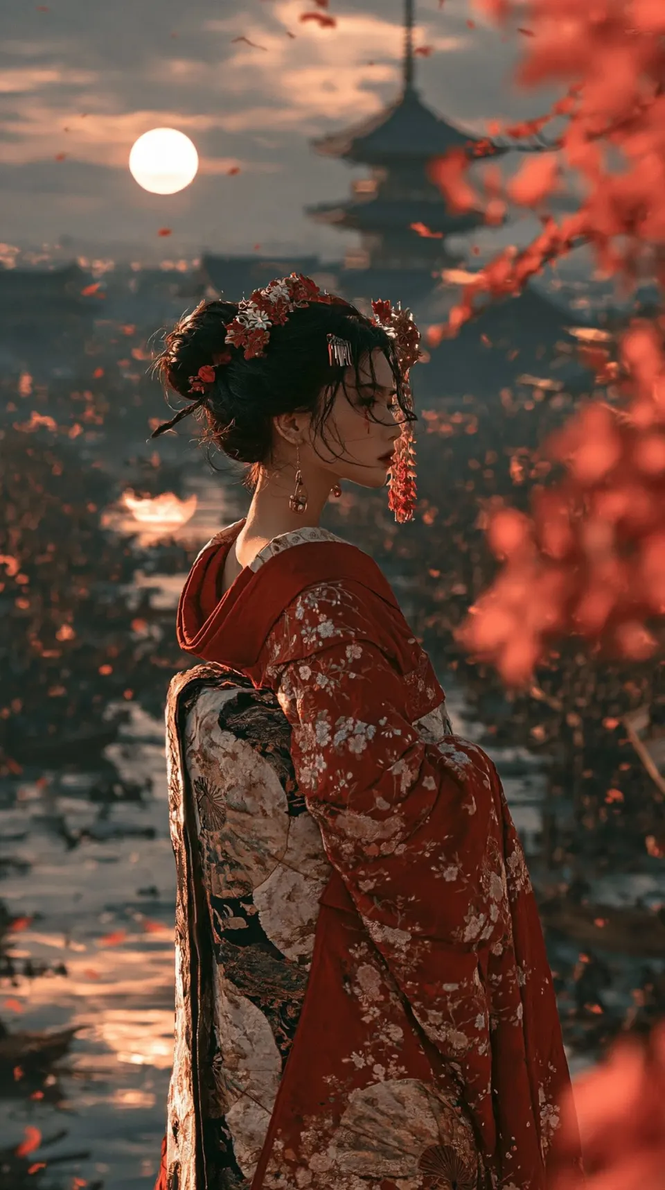 夕阳下的红衣和服少女与古塔