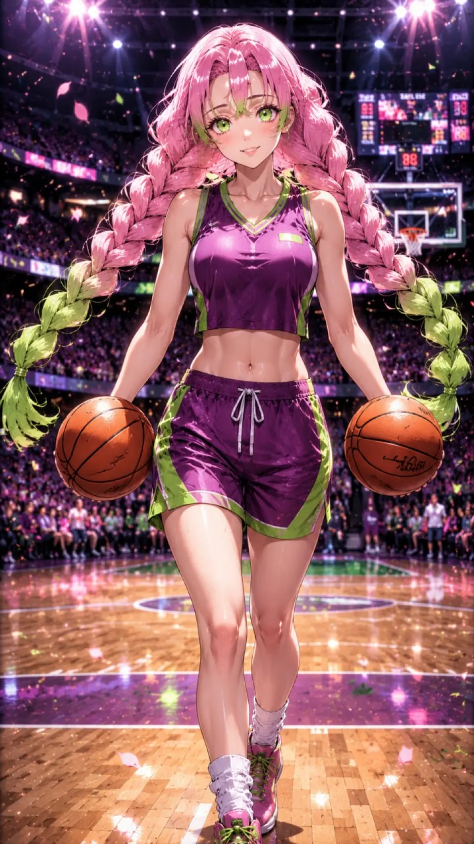 粉发少女篮球赛场持球特写