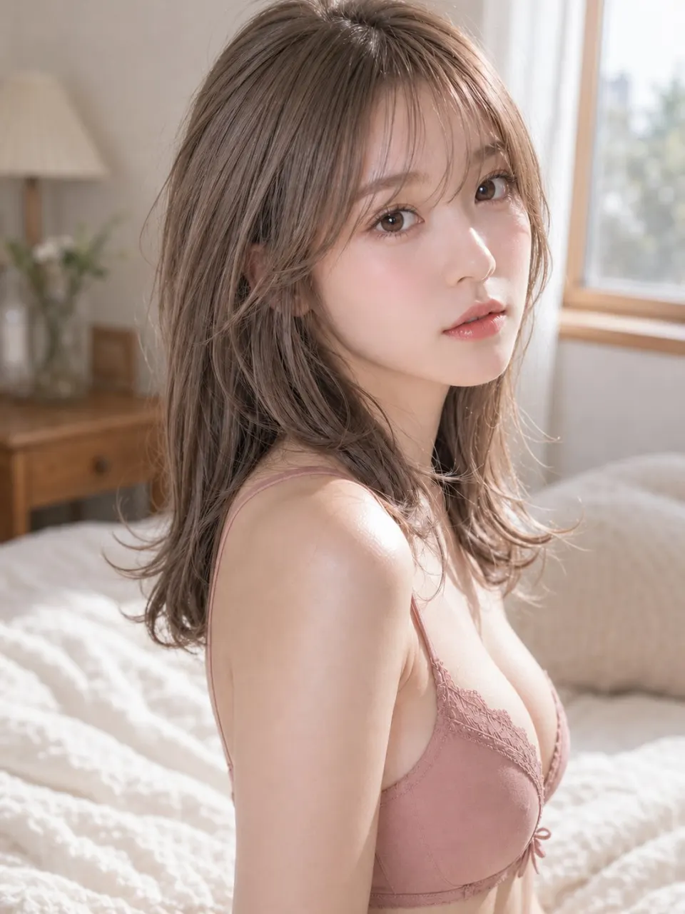 玫瑰色卧室中的坐姿肖像